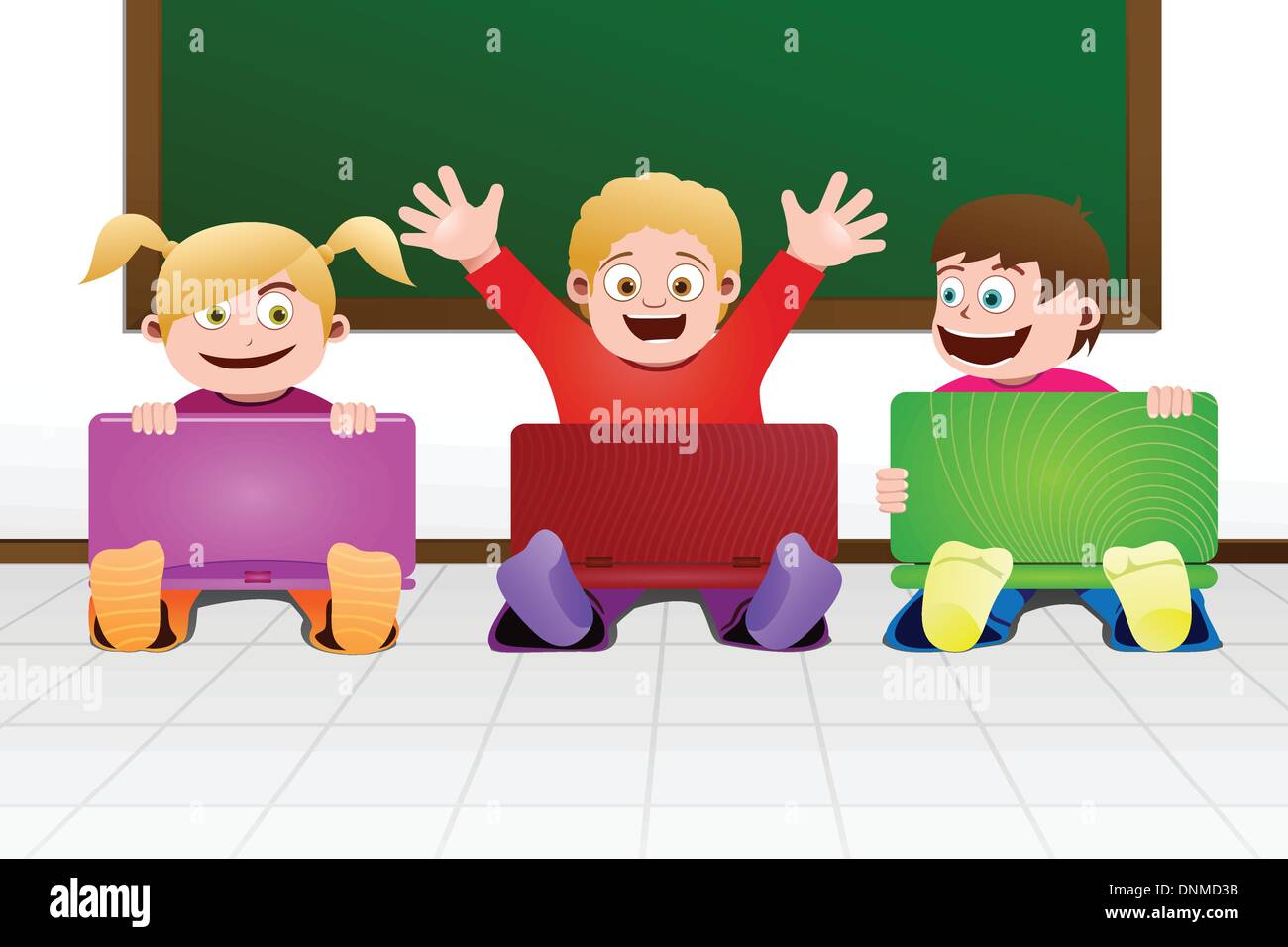 Eine Vektor-Illustration von Kindern mit Laptops im Unterricht Stock Vektor