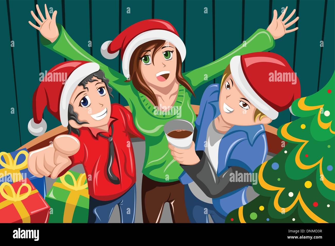 Eine Vektor-Illustration der glückliche junge Menschen, die eine Weihnachtsfeier zusammen Stock Vektor