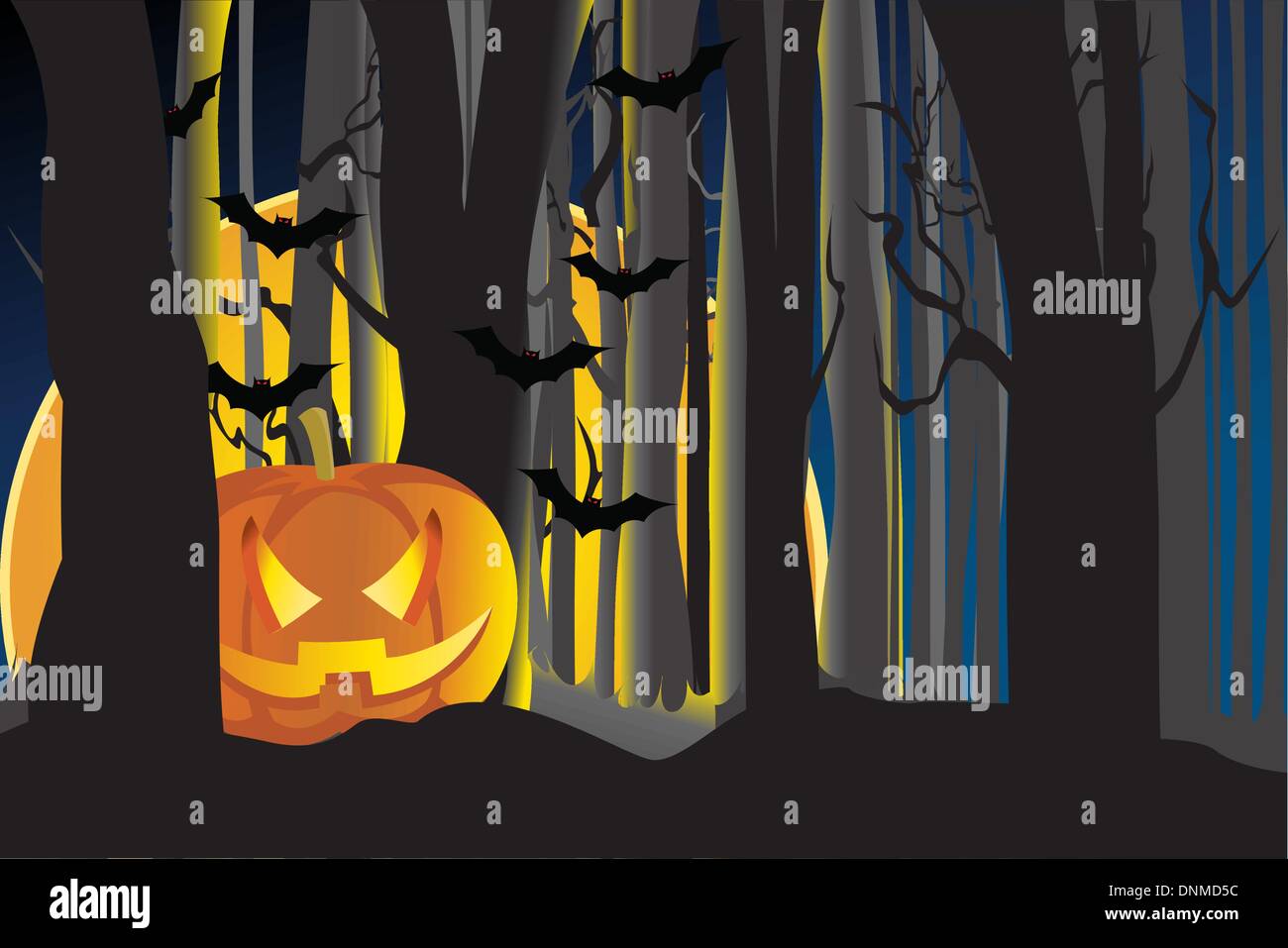 Vektor-Illustration von einem beleuchteten Kürbis in den dunklen Wald Stock Vektor