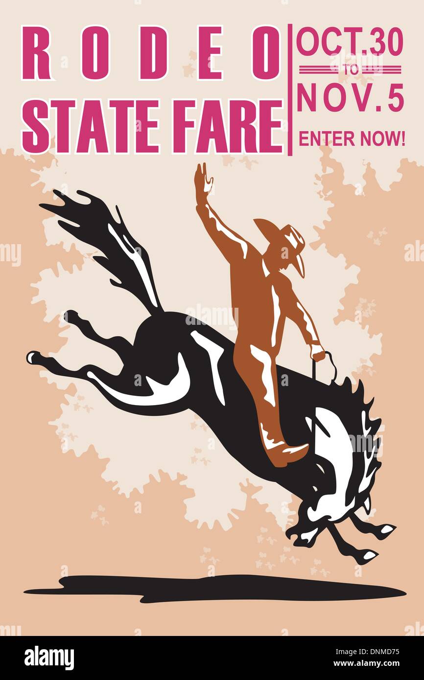 Retro-Stil Illustration ein Plakat mit einem amerikanischen Rodeo Cowboys reiten ein bucking Bronco-Springreiten von Seite gesehen mit Worten Rodeo State Fair 30 Oktober, 5 November treten Sie jetzt '' Stock Vektor