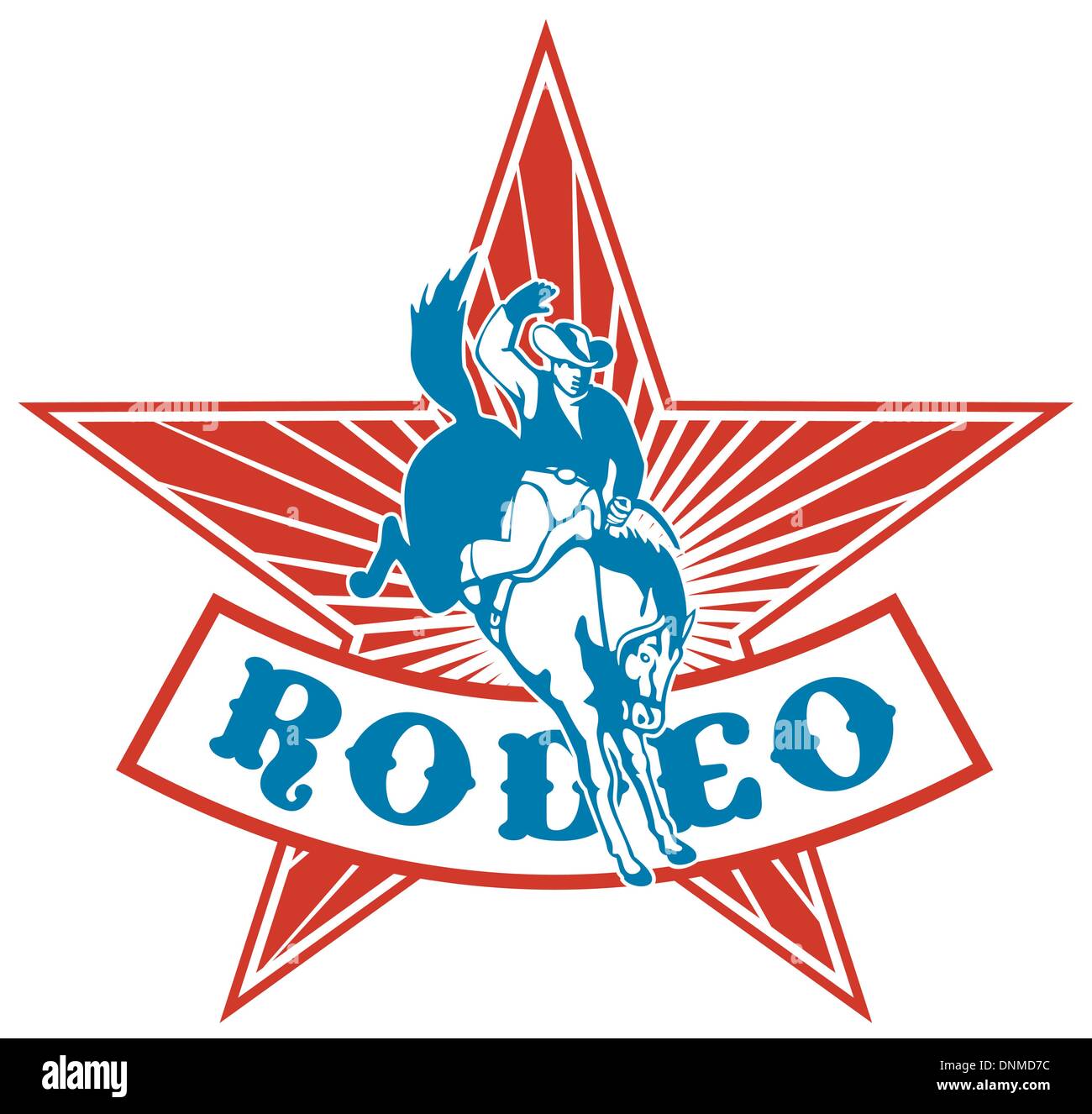 Retro-Stil Illustration einer amerikanischen Rodeo Cowboys reiten bucking Bronco springen mit Stern und Sunburst im Hintergrund und Blättern Sie mit Worten Rodeo'' Stock Vektor