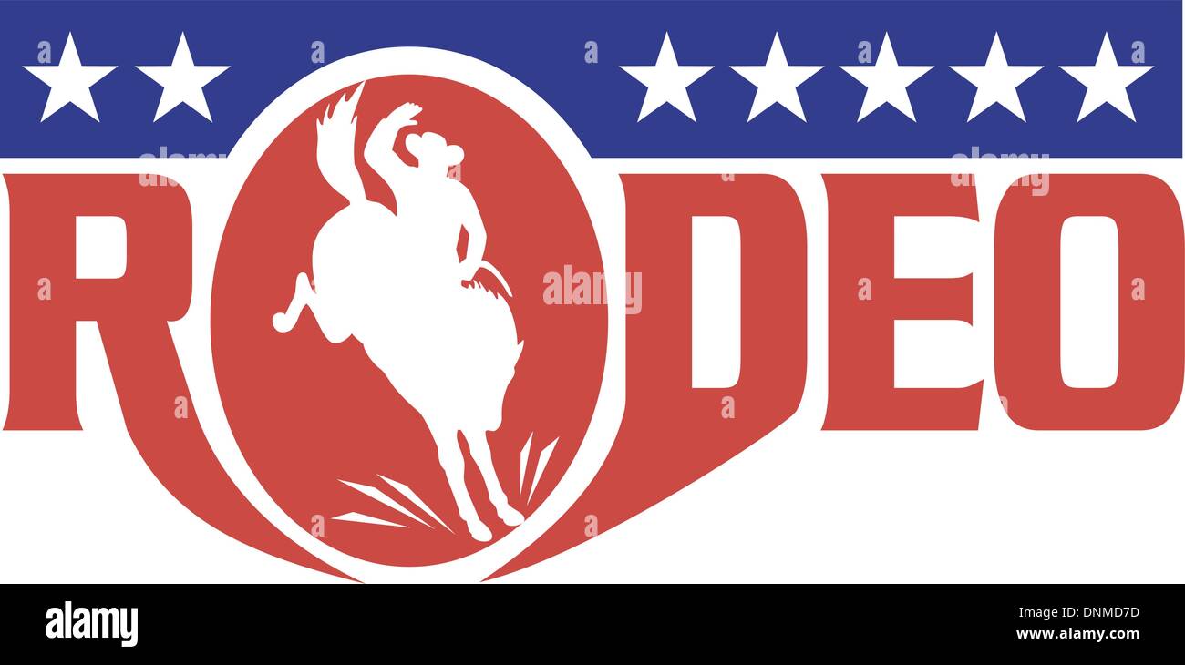 Retro-Stil Abbildung einer Silhouette eines amerikanischen Rodeo Cowboys reiten ein bucking Bronco-Springreiten angesehen von vorne mit Sternen Stock Vektor