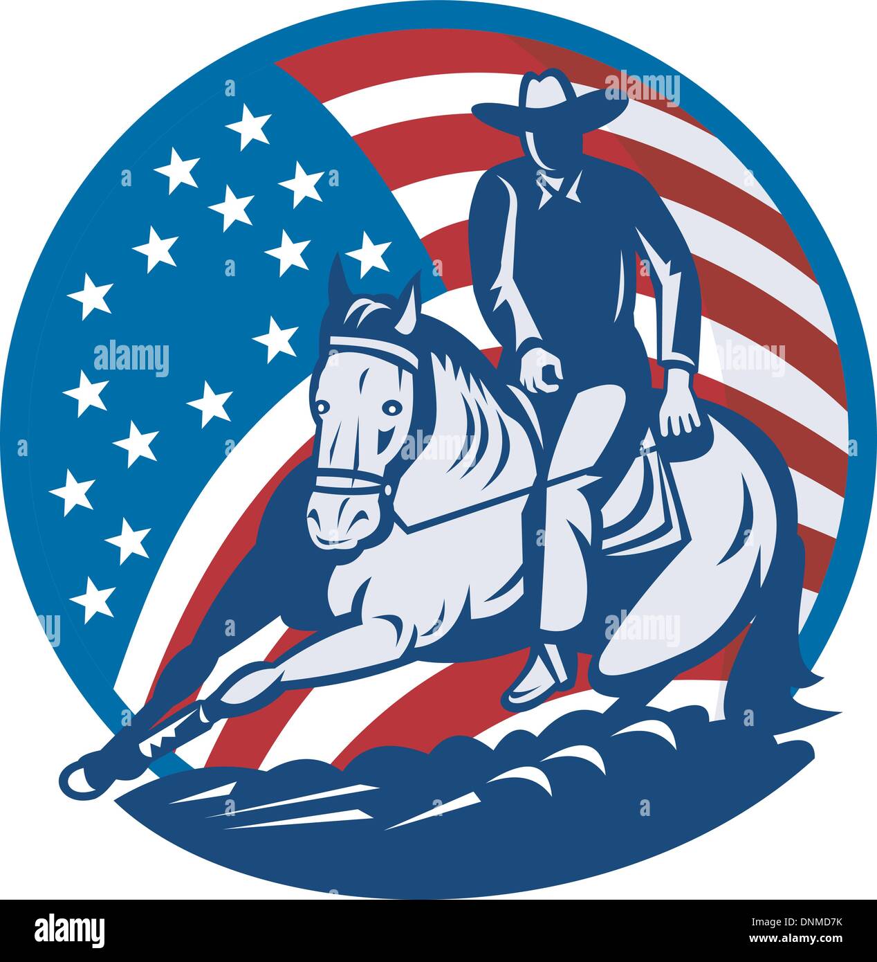 Abbildung eines Rodeo Cowboy Pferd schneiden Sternen und Streifen im Hintergrund Stock Vektor
