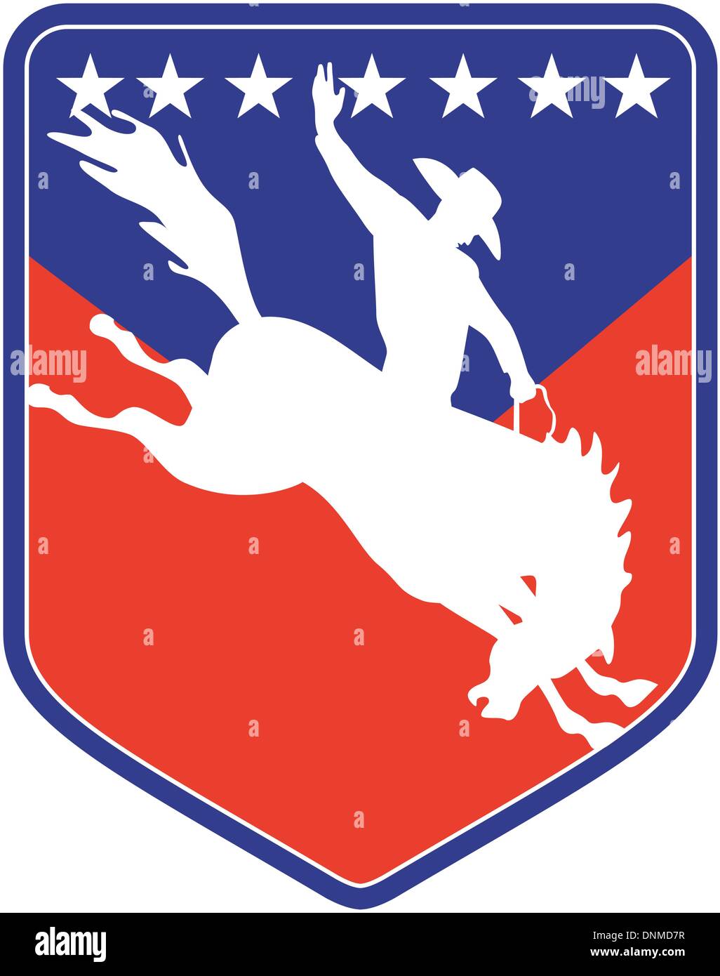 Retro-Stil Abbildung einer Silhouette eines amerikanischen Rodeo Cowboys reiten ein bucking Bronco-Springreiten von Seite innen Schild mit Sternen gesehen Stock Vektor