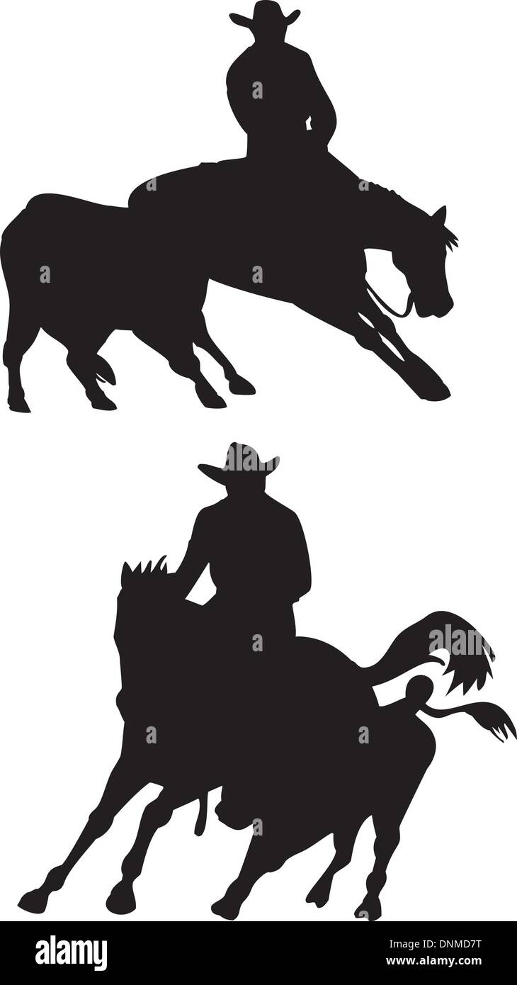 Illustration von Rodeo Cowboy Reiten Pferd und Kalb Silhouette auf isolierten weißen Hintergrund. Stock Vektor