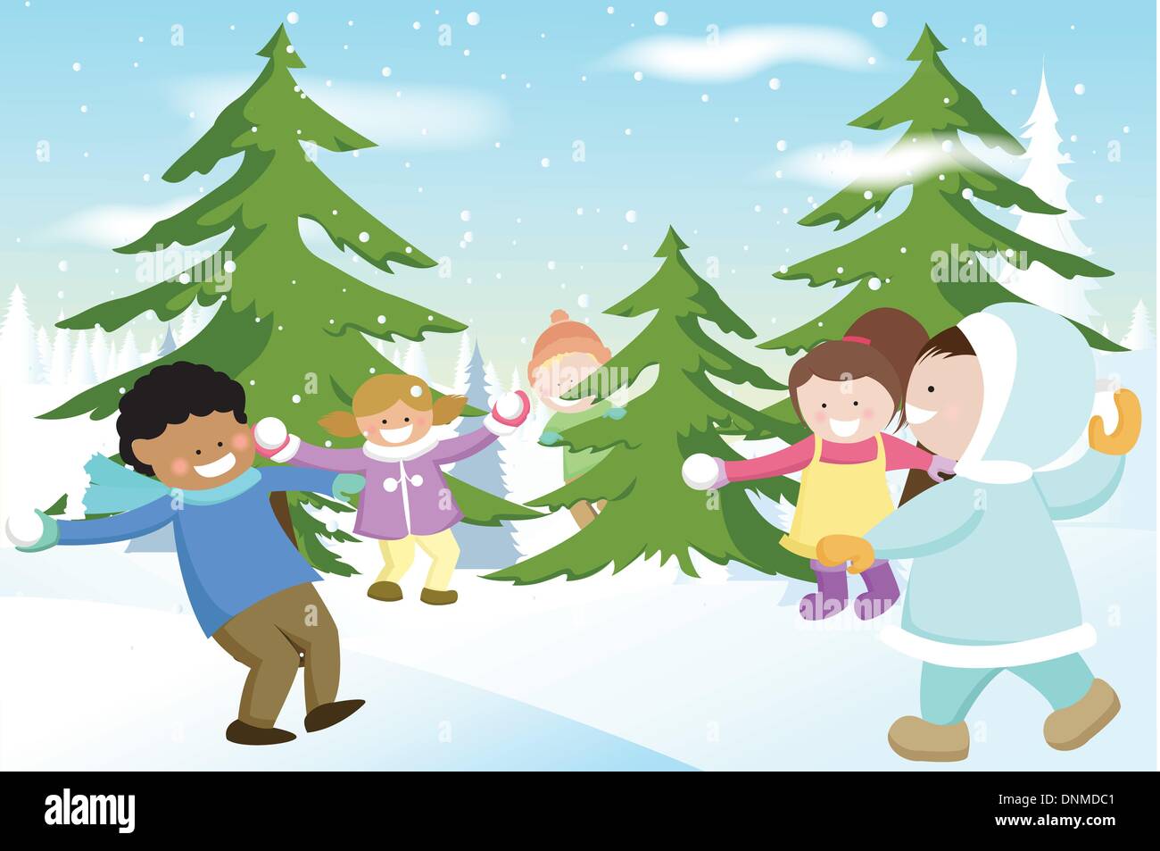 Eine Vektor-Illustration von einer Gruppe von Kindern spielen Schneebälle Stock Vektor
