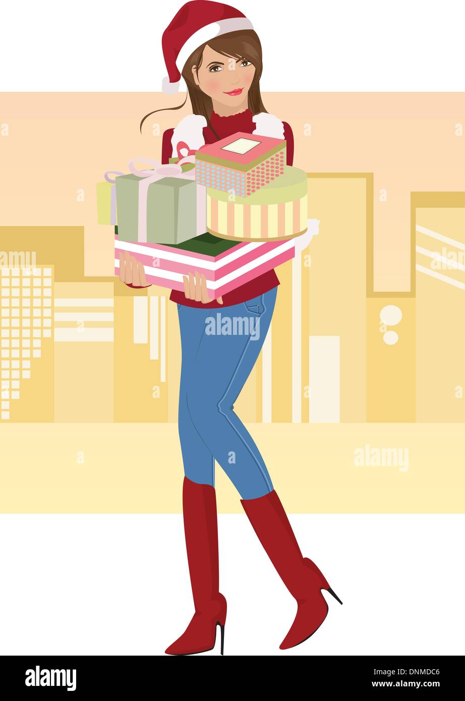 Eine Vektor-Illustration eines schönen Mädchens tragen Weihnachtsgeschenke Stock Vektor