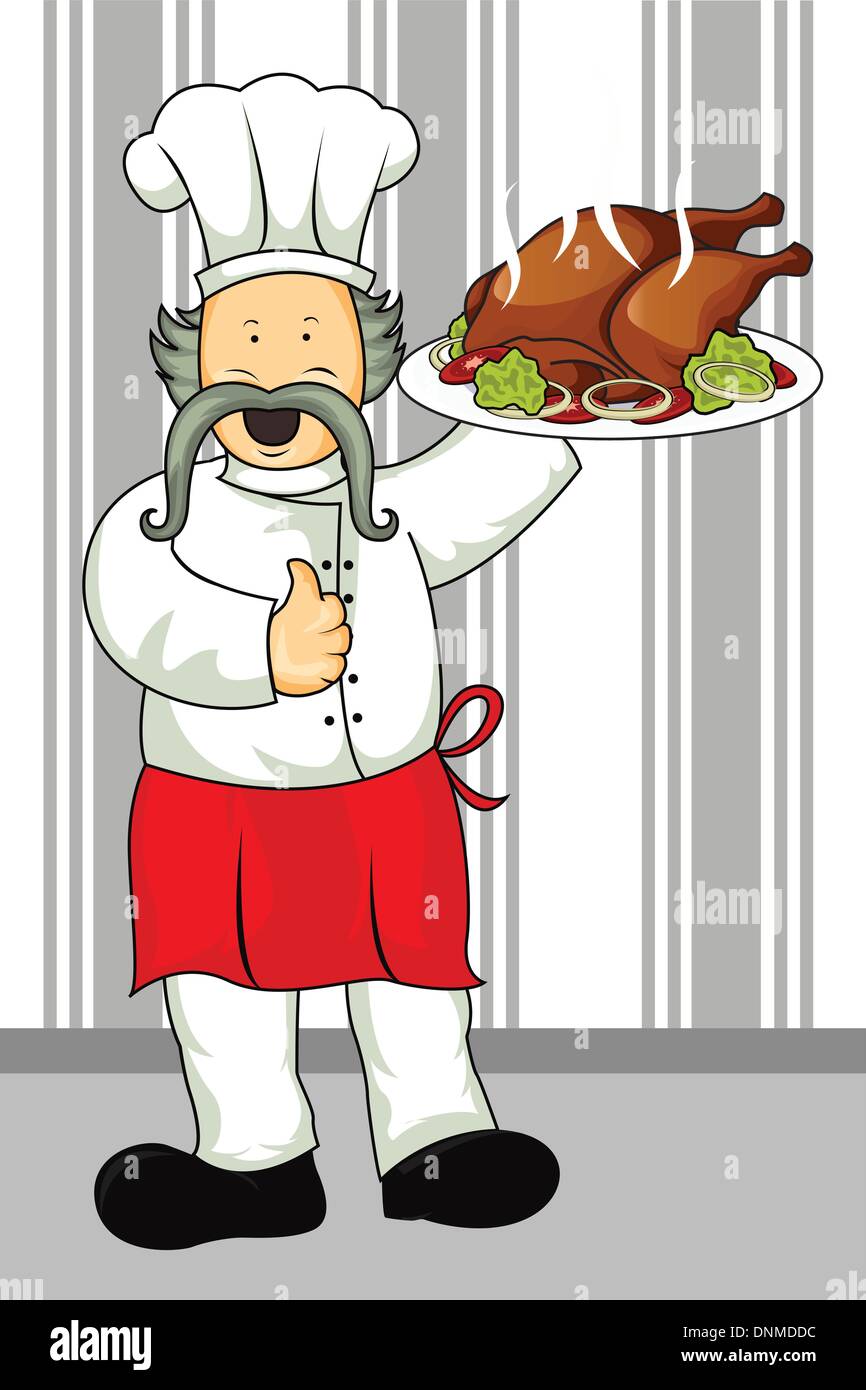 Eine Vektor-Illustration eines Restaurant-Chef trägt einen Teller mit einem Braten Huhn essen Stock Vektor
