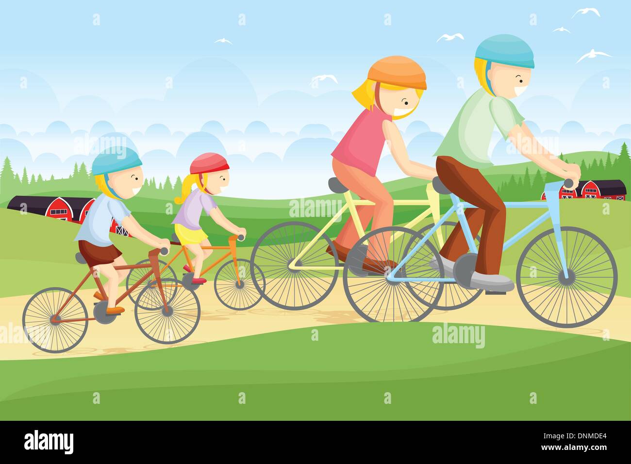 Eine Vektor-Illustration einer Familie Radfahren zusammen in einer ländlichen Gegend Stock Vektor