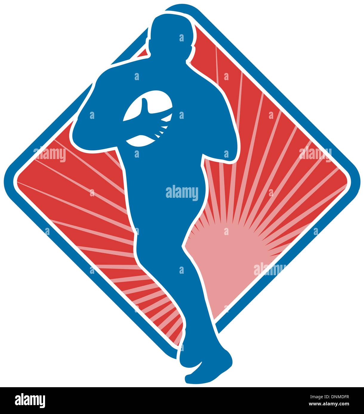 Beispiel für ein Rugby-Spieler läuft mit dem Ball mit Schild im Hintergrund Stock Vektor