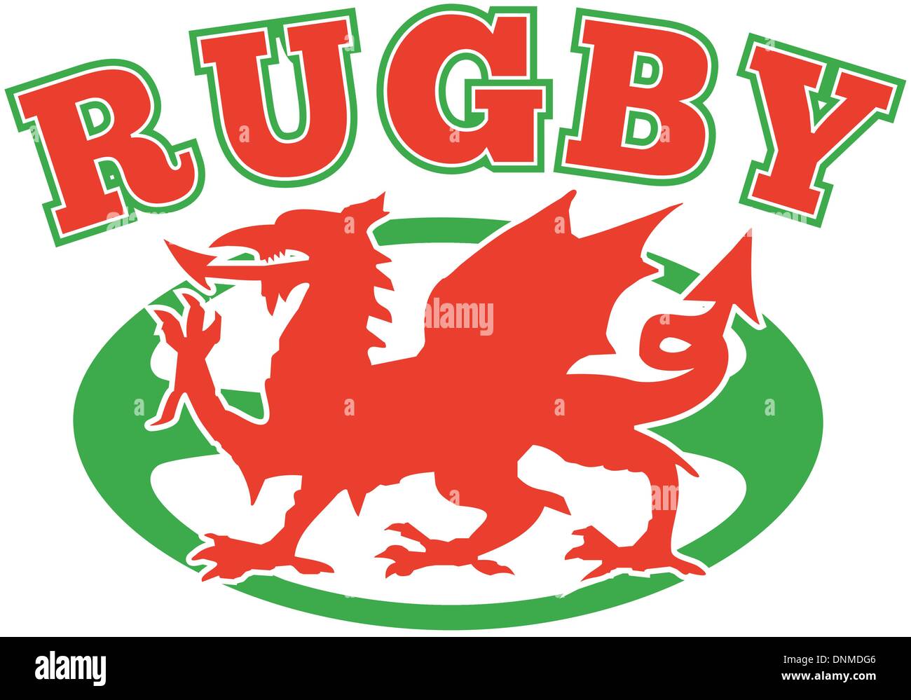 Abbildung eines roten Welsh Wales Drachen mit Rugby-Ball im Hintergrund Stock Vektor