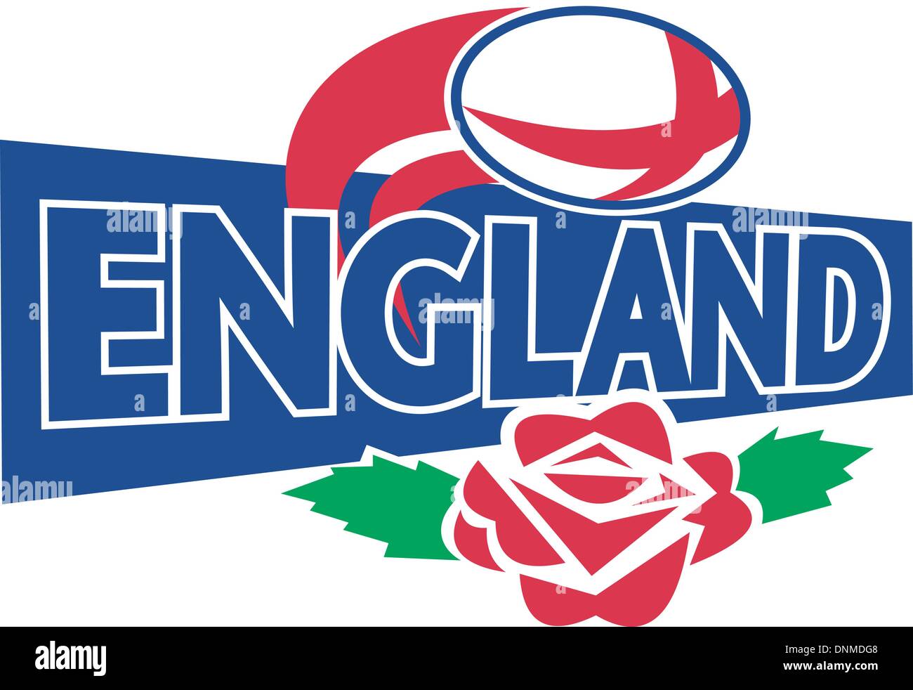 Illustration von einem Rugby-Ball fliegen mit Englischrot stieg und Worte england Stock Vektor