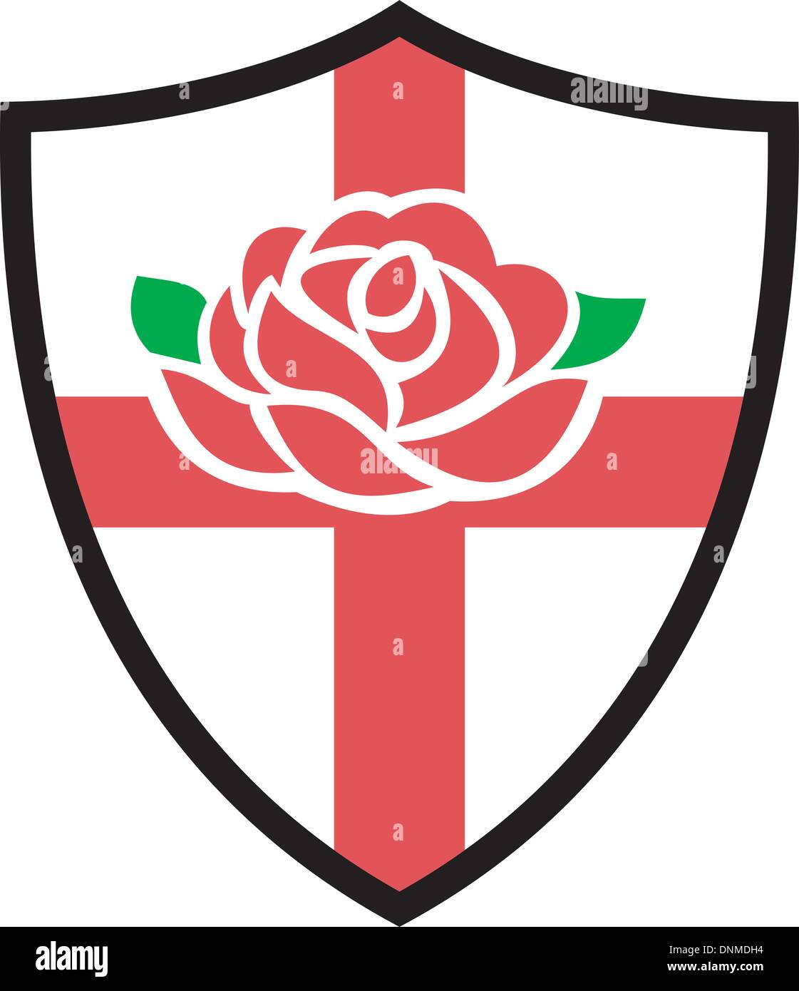Abbildung von einem roten englischen rose mit Flagge von England innen Schild Stock Vektor