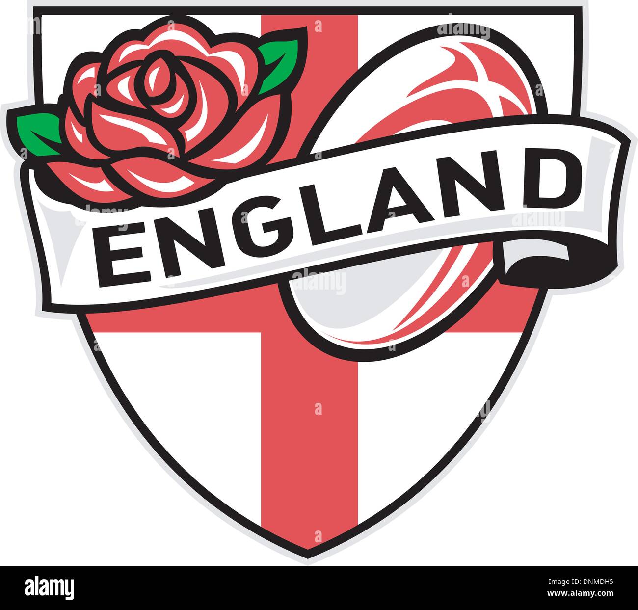 Abbildung einer roten englischen Rose innen Flagge Schild mit Rugby-Ball fliegen aus und Worte "England" Stock Vektor