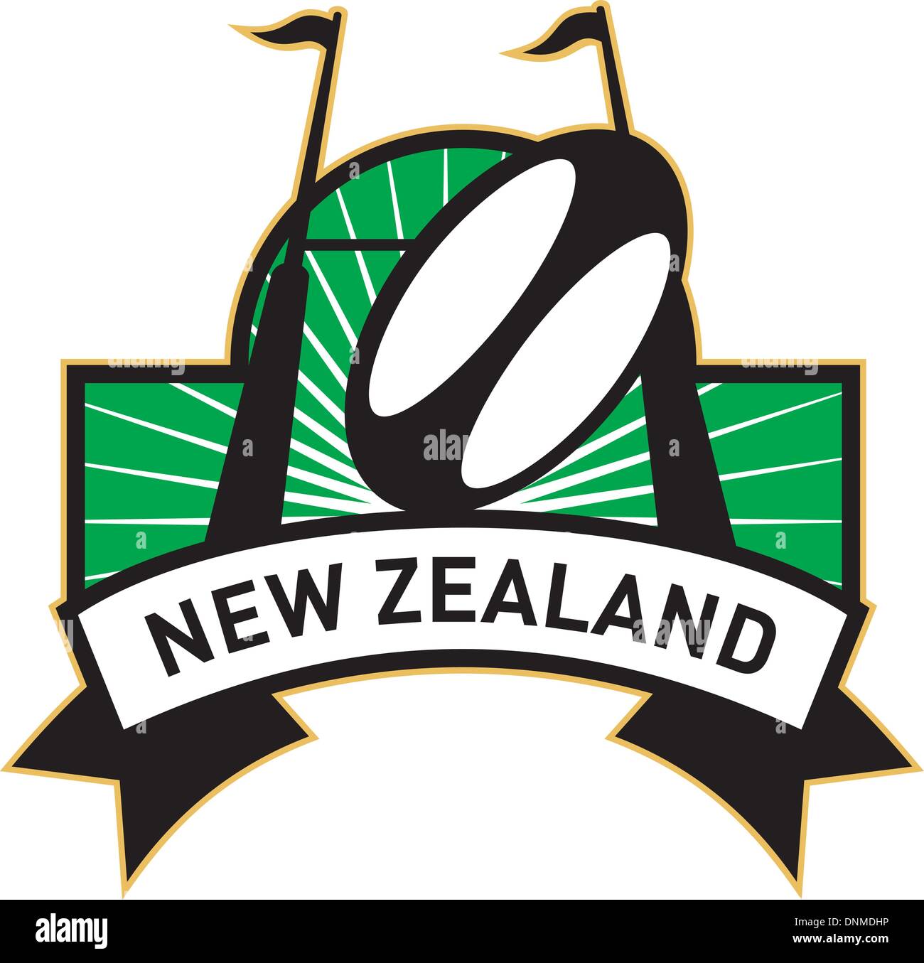 Retro-Stil Abbildung eines Rugby-Ball und Torpfosten in Rechteck mit Worten Neuseeland Stock Vektor