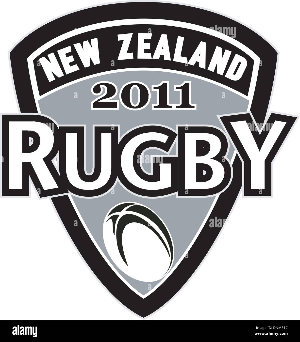 Abbildung einer Ikone zeigt einen Schild und Rugby-Ball mit Worten "Rugby-Neuseeland 2011" Stock Vektor