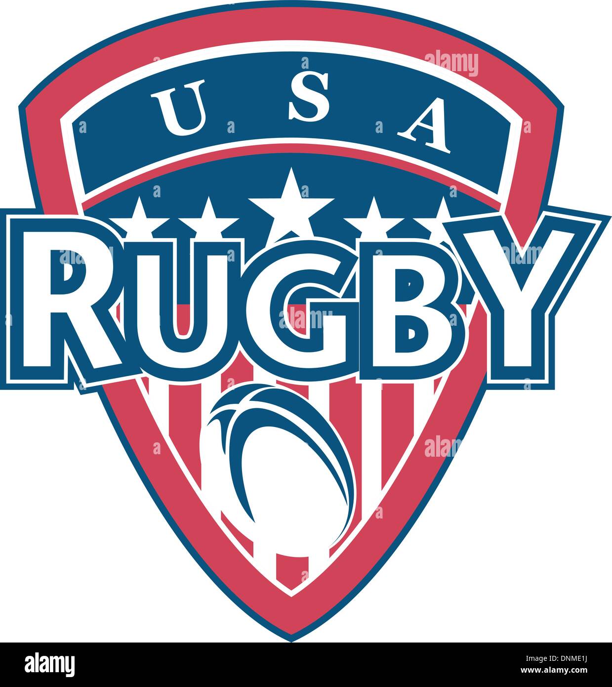 Abbildung einer Ikone zeigt einen amerikanischen Schild mit Sternen und Streifen und Rugby-Ball mit Worten "Rugby-Usa" Stock Vektor