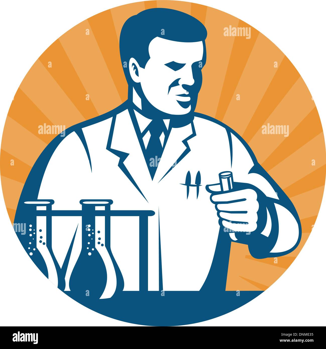 Abbildung von einem Wissenschaftler oder Forschung und Entwicklung Labortechniker hält eine Flasche oder in einem Kreis-Testset. Stock Vektor