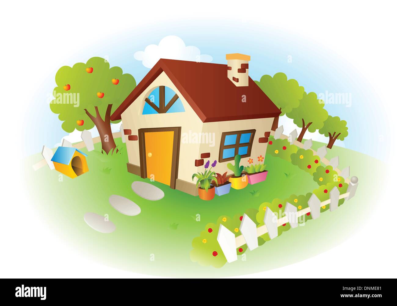Eine Vektor-Illustration von einem niedlichen Häuschen mit Garten Stock Vektor