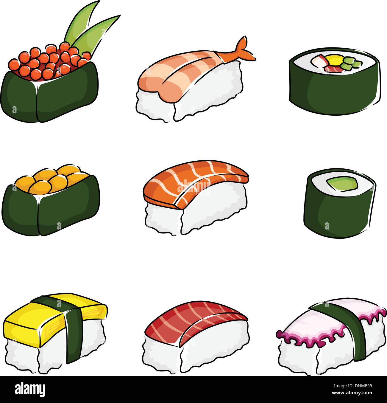 Eine Vektor-Illustration der verschiedenen Sushi-Symbole Stock Vektor