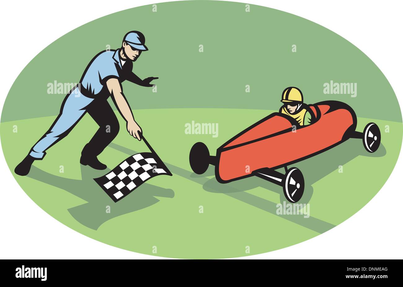 Beispiel für ein Seifenkistenrennen racing Gewinnlinie Finish mit Mann winken karierte Flagge. Stock Vektor