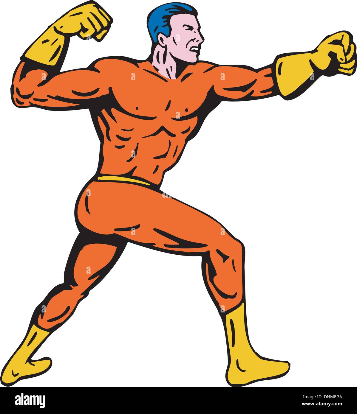 Abbildung eines Cartoon super Helden laufen, Stanzen, isoliert auf weißem Hintergrund Stock Vektor