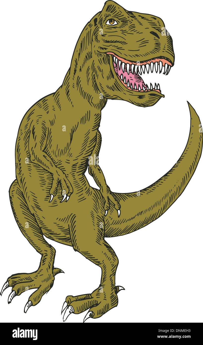Illustration von t-Rex Dinosaurier stehend auf weißem Hintergrund im retro-Stil gemacht. Stock Vektor