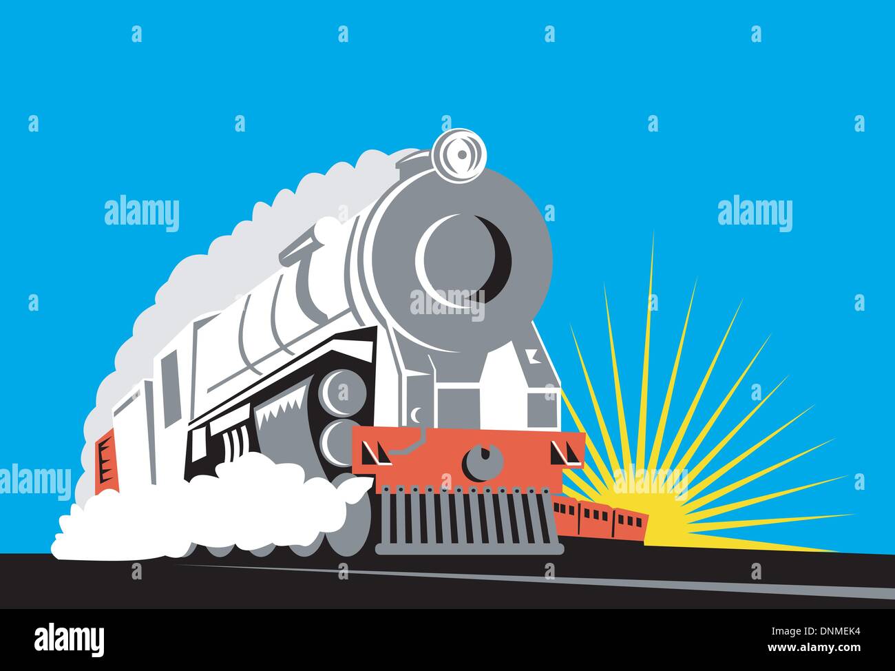 Beispiel für eine Dampf Zug Lokomotive demnächst auf Eisenbahn in Retro-Holzschnitt Stil getan Stock Vektor