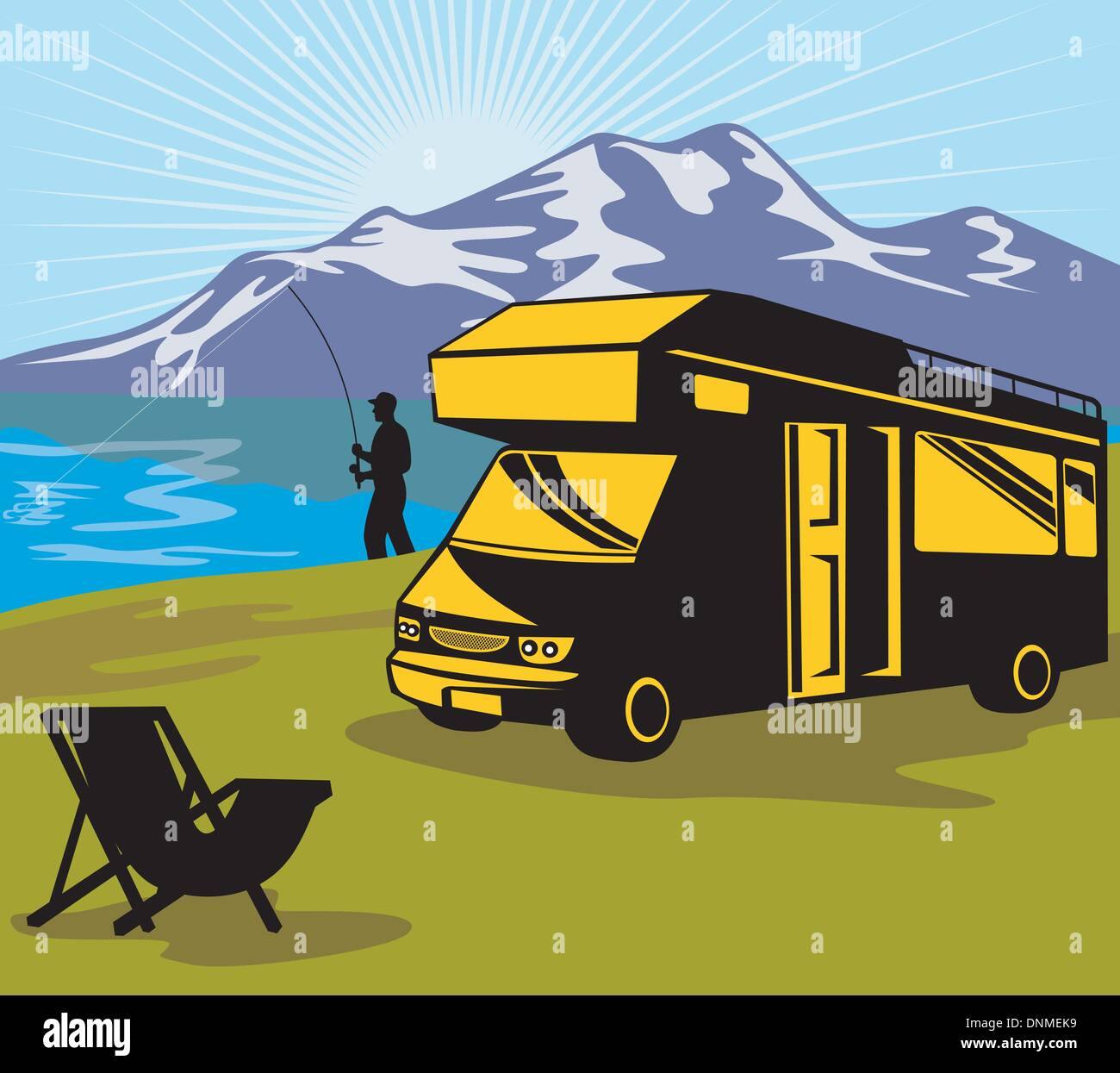 Illustration der Fliegenfischer Angeln mit Rute fliegen und reel mit See und Berge und Sunburst im Hintergrund und klappbaren Stuhl und Camper van in den Vordergrund getan im retro-Stil Stock Vektor