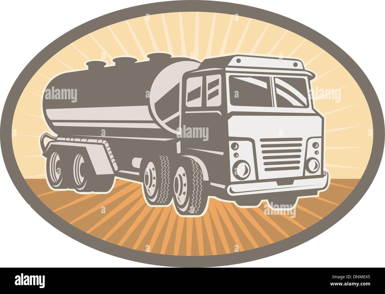 Abbildung eines Zement-LKW innerhalb einer Ellipse mit Sunburst im Hintergrund eingestellt Stock Vektor