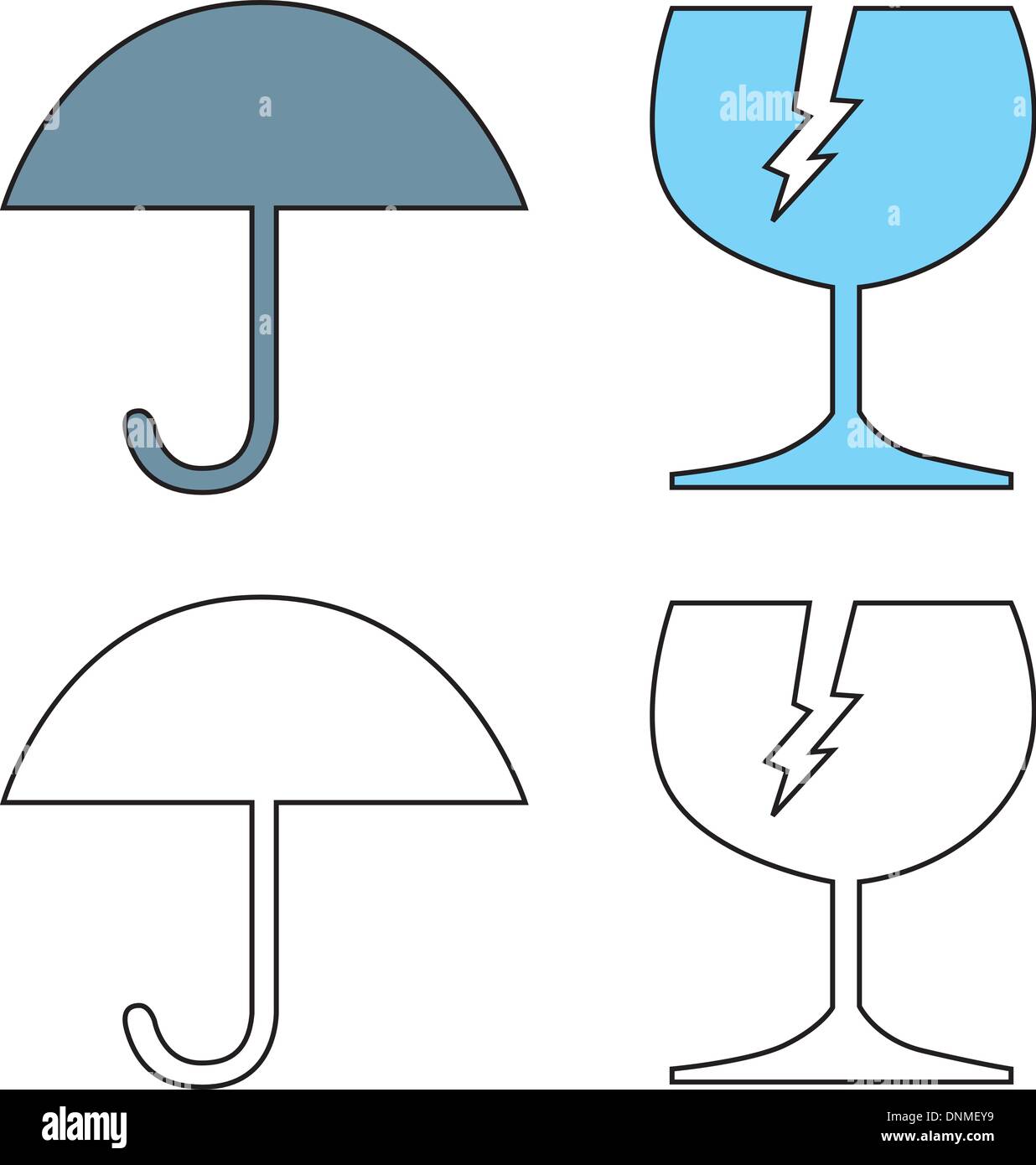 Illustration von Sonnenschirm und gebrochenen Riss Glas in blau und schwarz und weiß isoliert auf weißem Hintergrund im retro-Stil gemacht. Stock Vektor