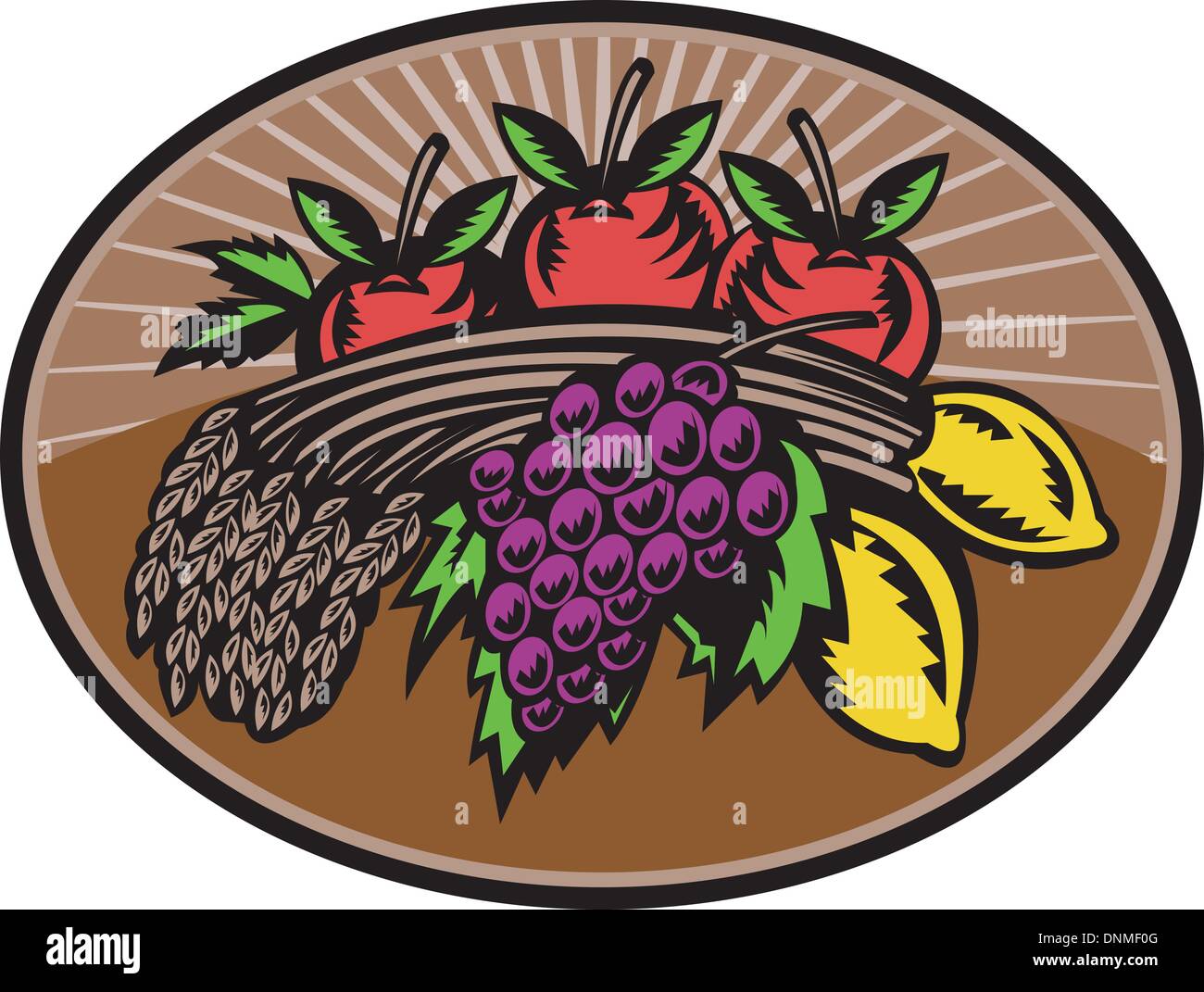 Illustration der Trauben, Apfel, Zitrone, Weizen Bündel in Retro-Holzschnitt Stil getan innerhalb der Ellipse eingestellt Stock Vektor