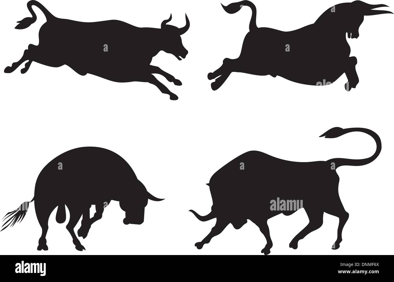 Illustration der Rinder Tiere (Kühe, Bullen) Ruckeln und springen Silhouetten isoliert auf weißem Hintergrund. Stock Vektor