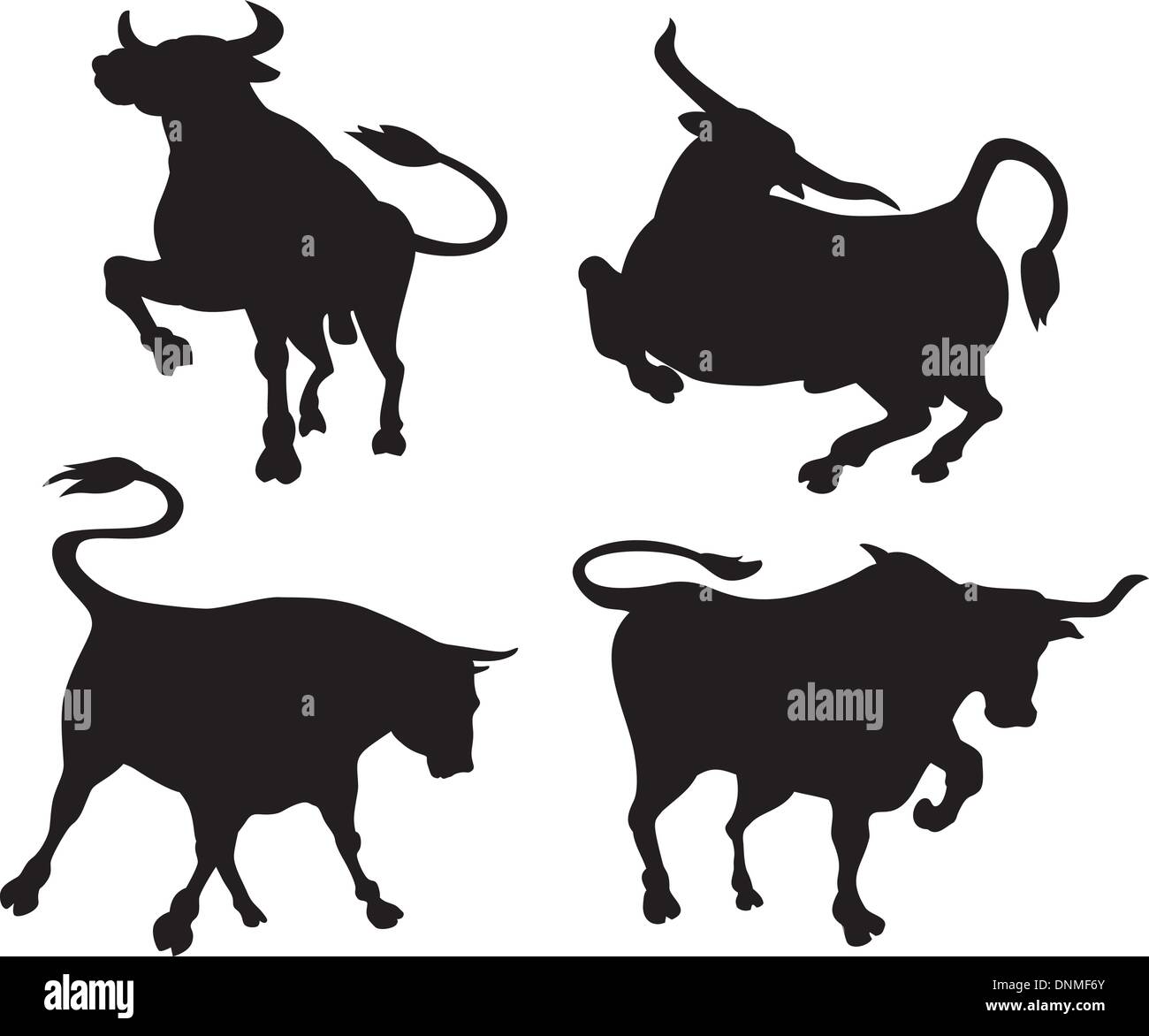Illustration der Rinder Tiere (Kühe, Bullen) Ruckeln und springen Silhouetten isoliert auf weißem Hintergrund. Stock Vektor