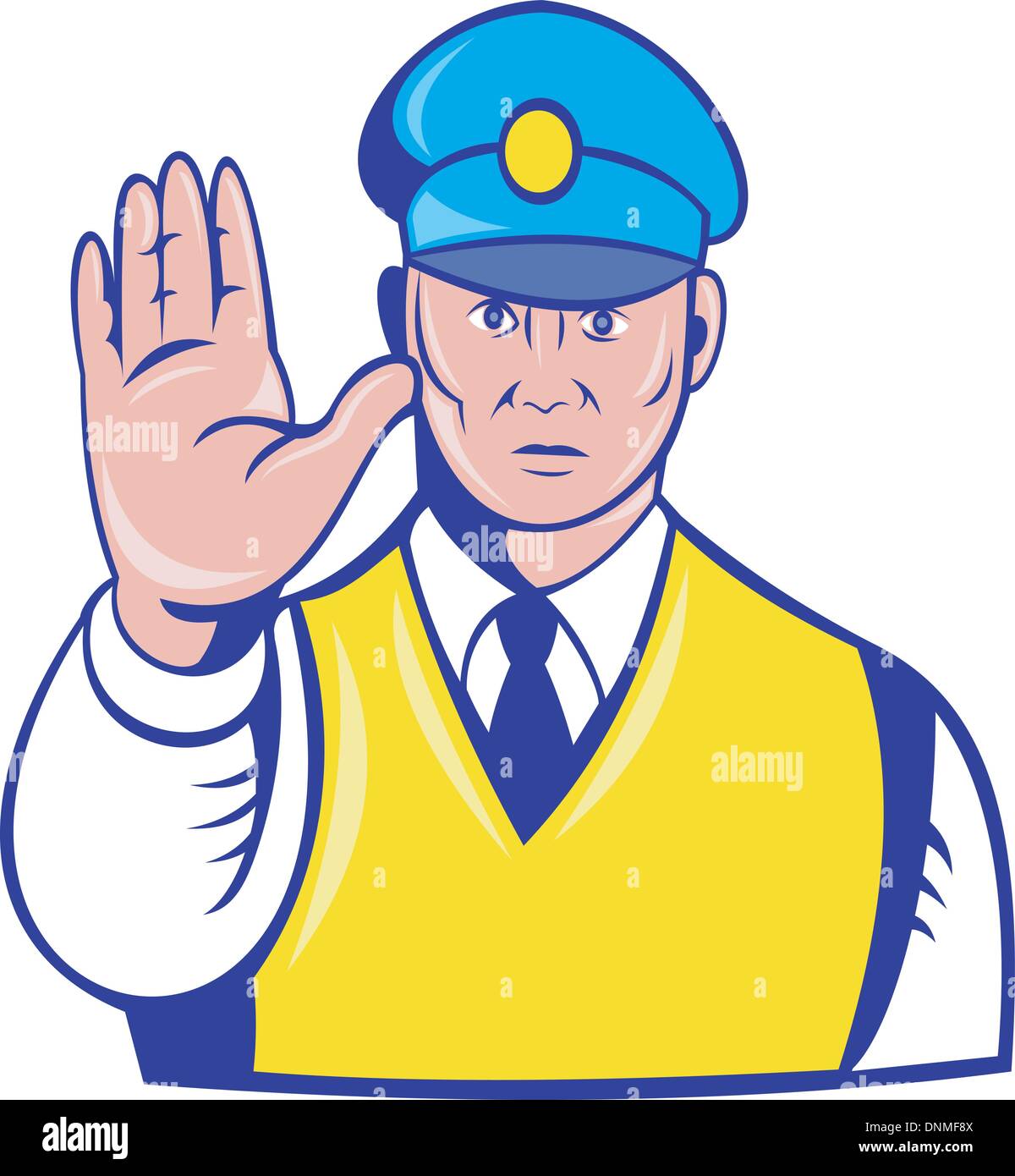 Abbildung eines Polizeibeamten an Hand bis Anschlag sagen Stock Vektor