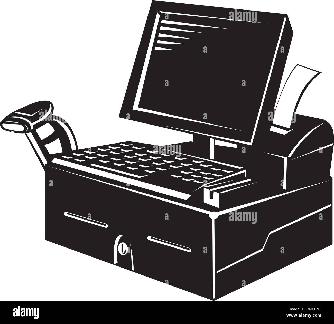 Abbildung einer schwarzen Computer Monitor Tastatur angeschlossen an Kasse getan im retro-Stil. Stock Vektor