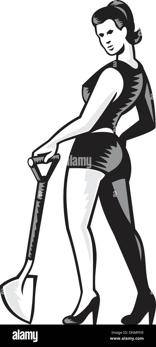 Retro-Illustration ein Pin-up-Girl Weibchen in kurzen Hosen und stützte sich auf Spaten Schaufel Holzschnitt Stil auf isolierten weißen Hintergrund. Stock Vektor
