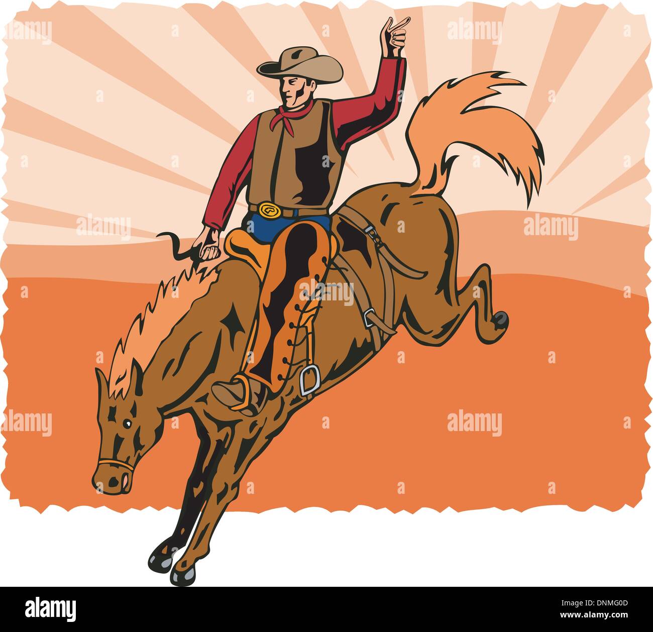 Illustration von Rodeo Cowboy Reiten Springreiten im retro-Stil gemacht. Stock Vektor