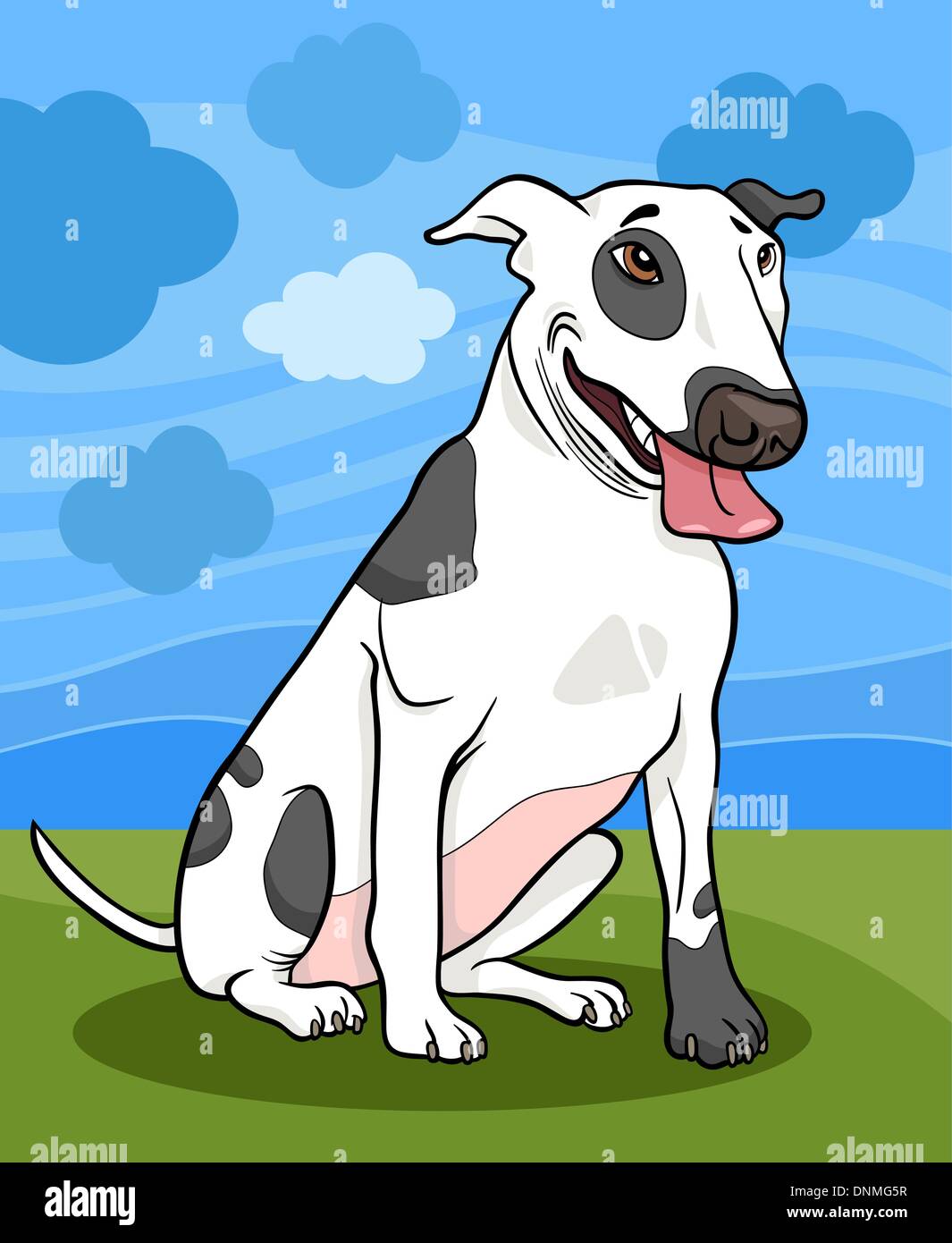 Cartoon Illustration lustig gefleckte Stier Terrier Hund gegen blauen Himmel Stock Vektor