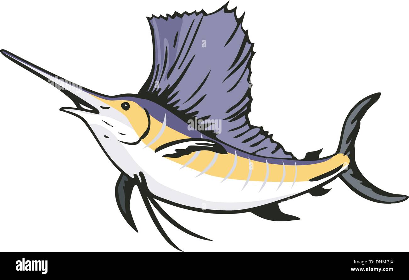 Illustration eines Sailfish Fische springen auf weißem Hintergrund im retro-Stil gemacht. Stock Vektor