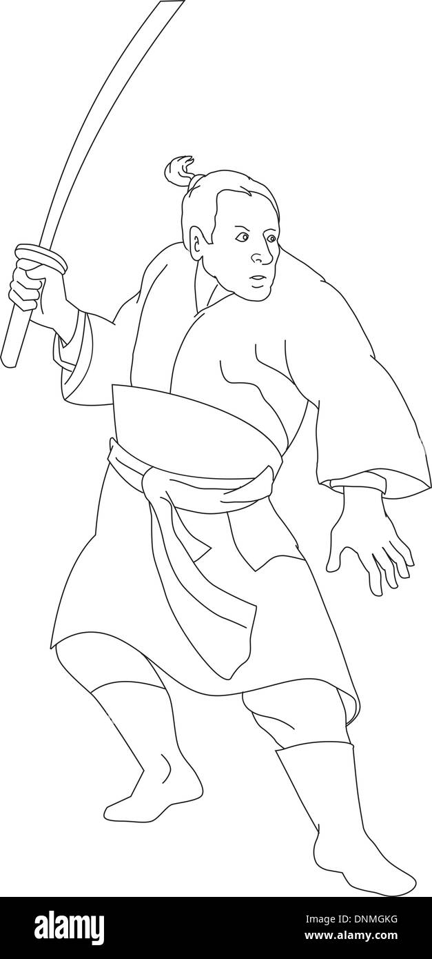 Abbildung von einem japanischen Samurai-Krieger mit Katana Schwert im Kampf gegen die Haltung, die in schwarzen und weißen Cartoon-Stil gemacht. Stock Vektor