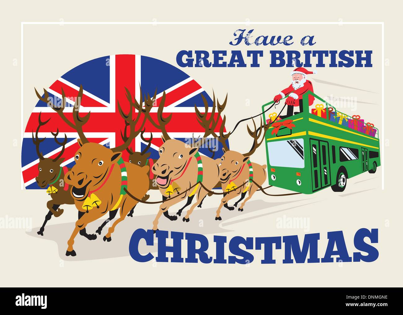 Retro-Stil Illustration der Grußkarte Plakat zeigt Santa Claus Sankt Nikolaus Vater Weihnachten auf Doppeldecker-bus mit Rentier und Union Jack-Flagge mit Worten haben eine große britische Weihnachten. " Stock Vektor
