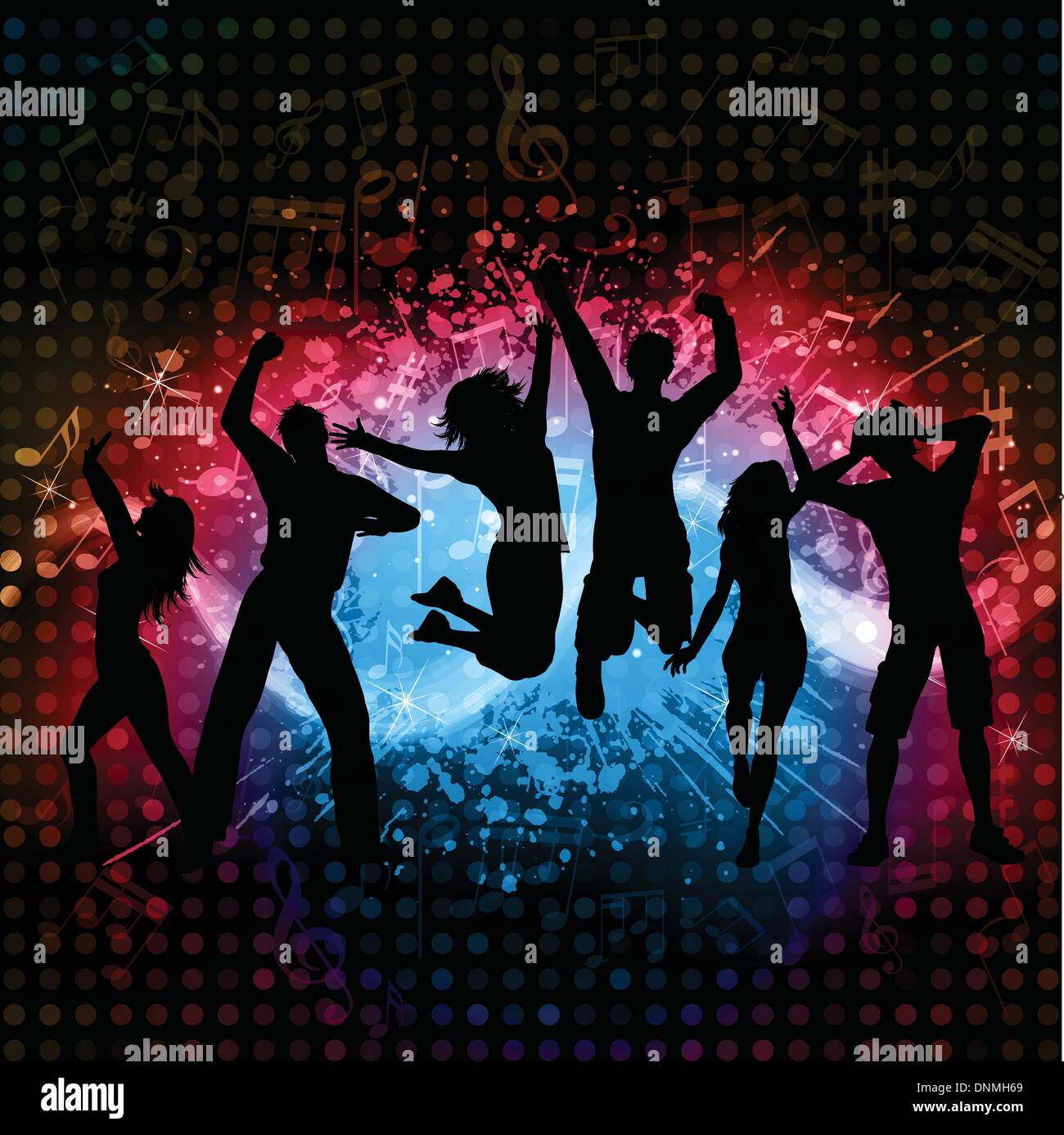 Silhouetten von Menschen tanzen auf Grunge Musik Noten Hintergrund Stock Vektor