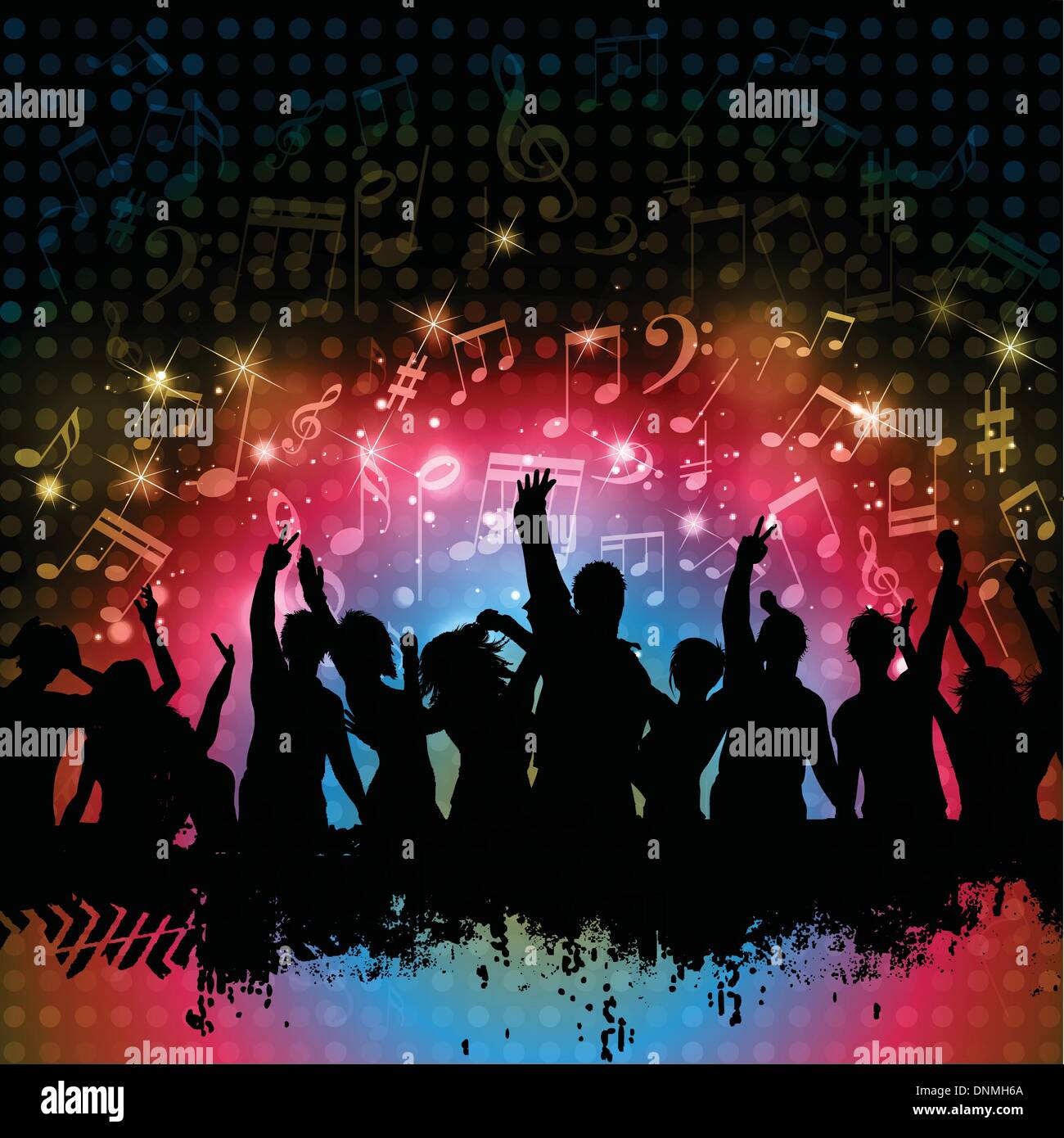 Silhouette des Grunge Masse auf einer Musik stellt Hintergrund Stock Vektor