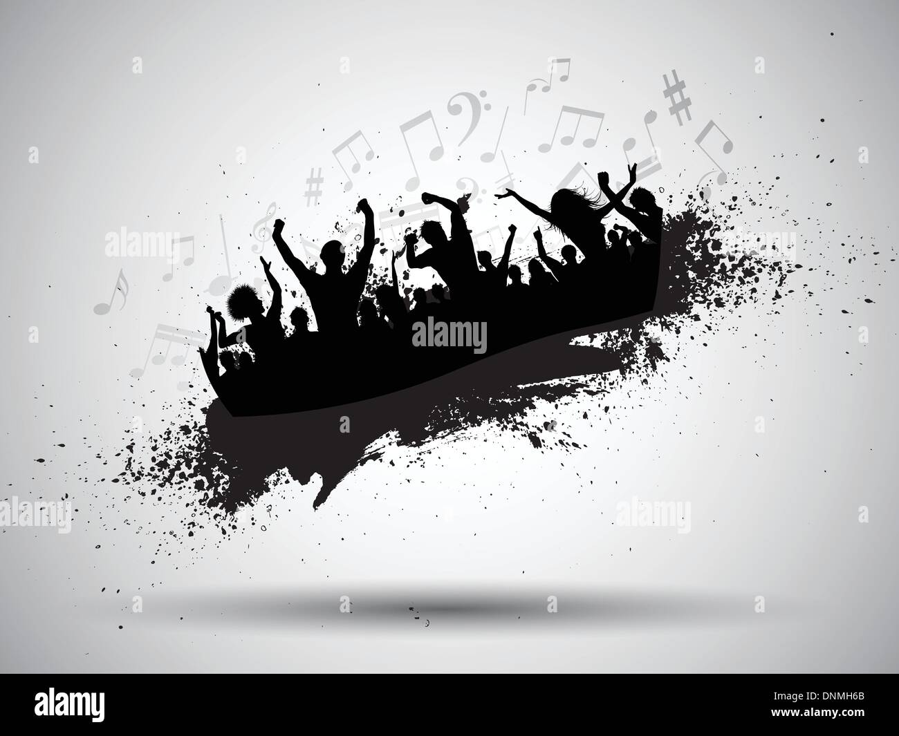 Silhouette einer Gruppe von Party-People auf Grunge Hintergrund mit Noten Stock Vektor