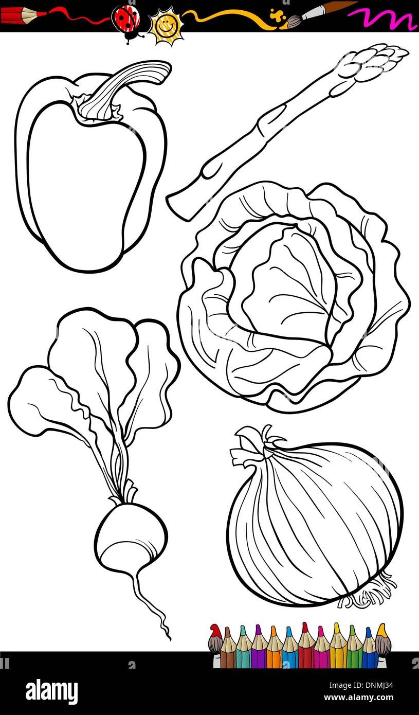 Malbuch oder Seite Cartoon Illustration von schwarz-weiß Gemüse essen Objekte Set Stock Vektor