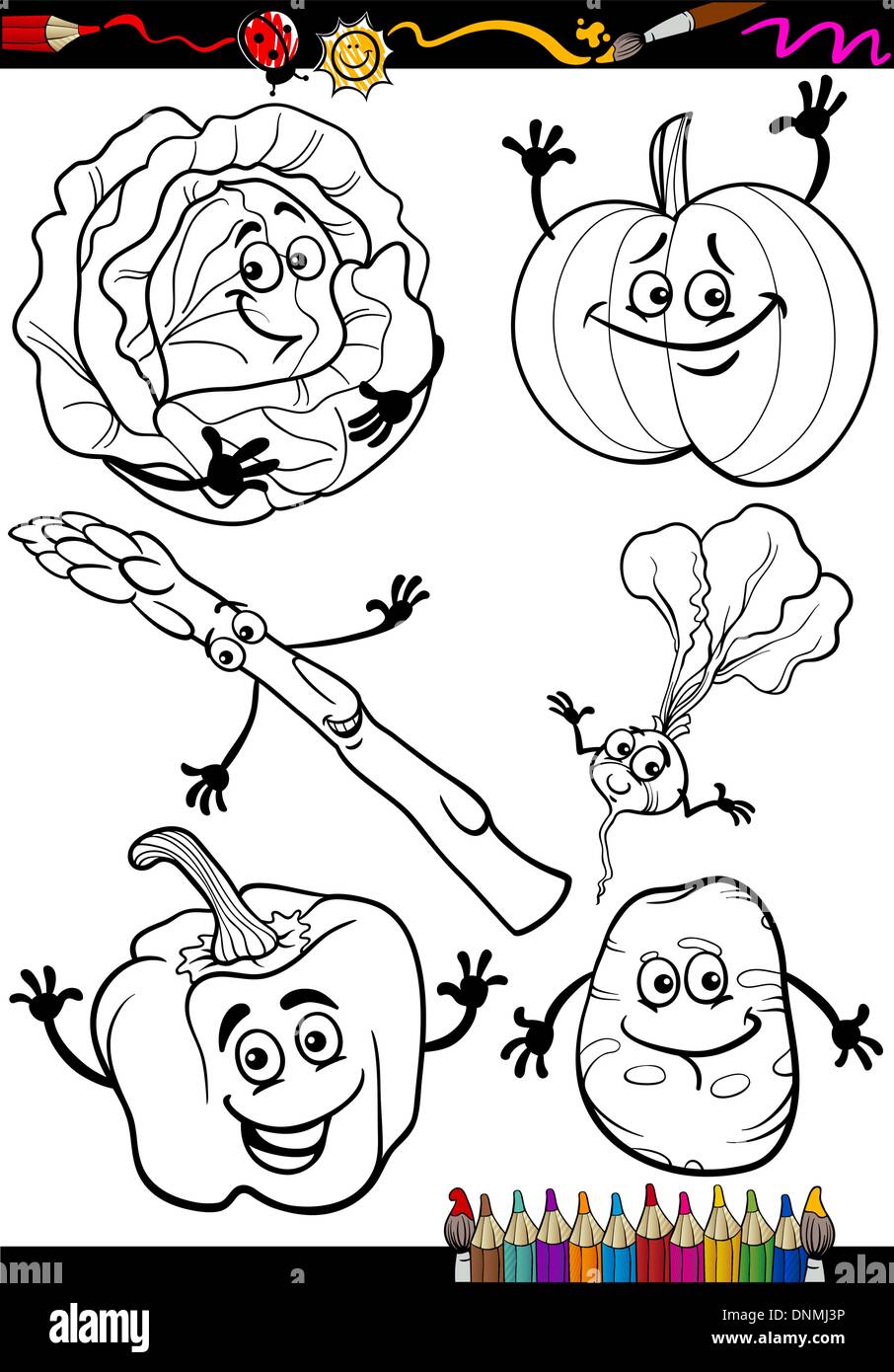Malbuch oder Seite Cartoon Illustration von Schwarz und weiß Gemüse essen Comic-Figuren Set Stock Vektor