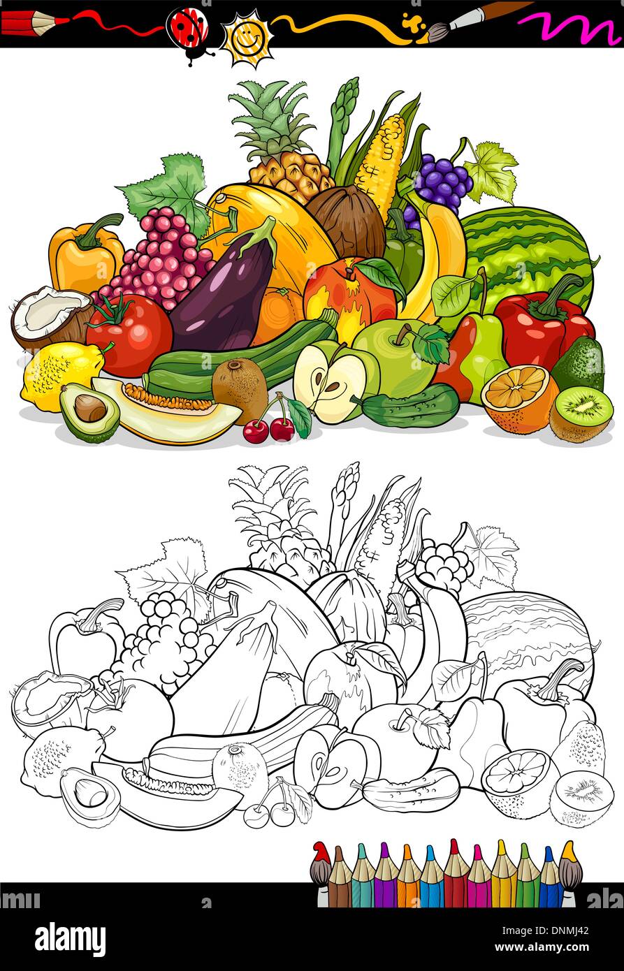 Färbung, Buch oder Seite Cartoon Illustration von Obst und Gemüse essen Großkonzern für Kindererziehung Stock Vektor