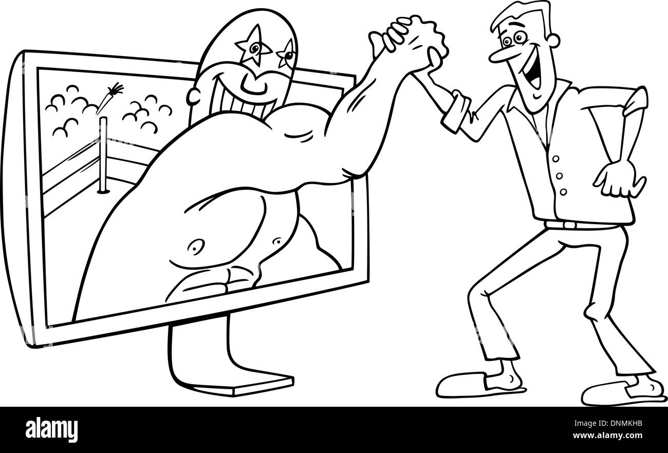 Schwarz / Weiß Cartoon Illustration von lustigen Mann mit Ringer für tv oder interaktives digitales Fernsehen oder spielen Vid Stock Vektor