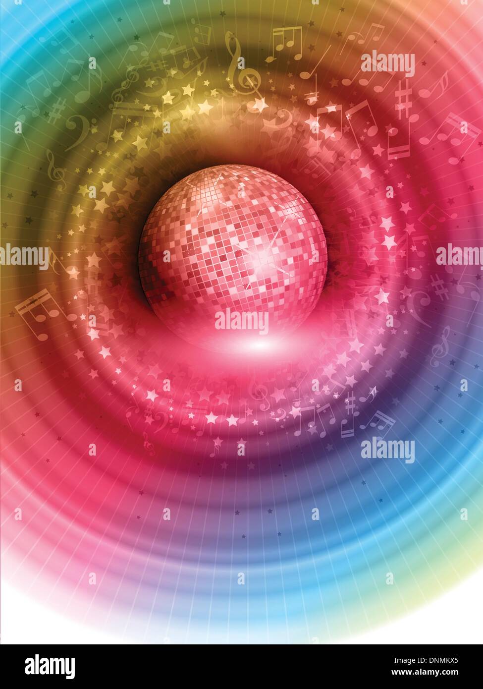 Abstrakte Spiegel Kugel Hintergrund mit Musiknoten und Farben des Regenbogens Stock Vektor